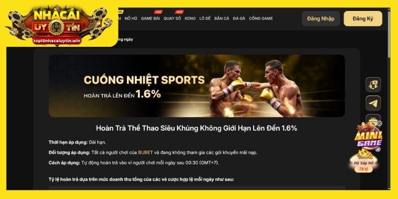 Nhà cái Bubet với ưu đãi hoàn trả lên đến 1.6%